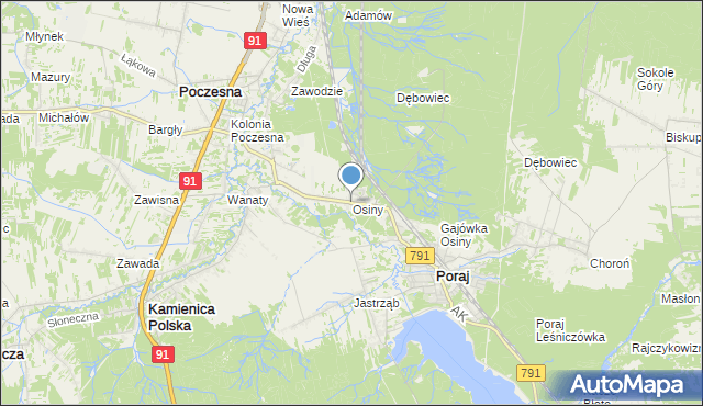 mapa Osiny, Osiny gmina Kamienica Polska na mapie Targeo